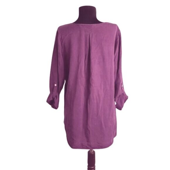 Soft Surroundings Size M Tunic Top Purple Button Front V Neck Roll Tab Sleeves - Picture 4 of 10